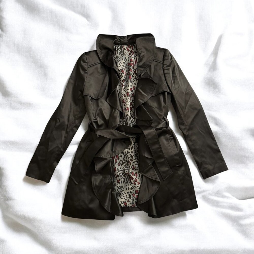 Vintage Chic Ralph Lauren Black Ruffle Front Trench Coat with Leopard Print